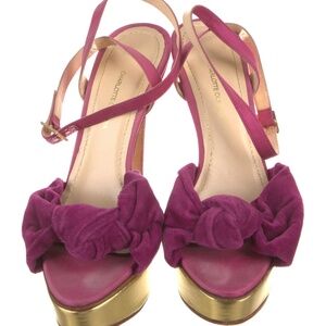 Charlotte Olympia Pink Velvet Satin Bow Gold Platform Heels
